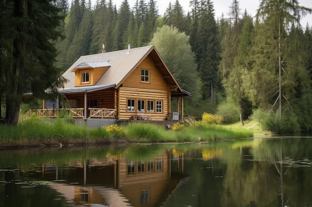 Log cabin house surrounded by tranquil lake with view of the water