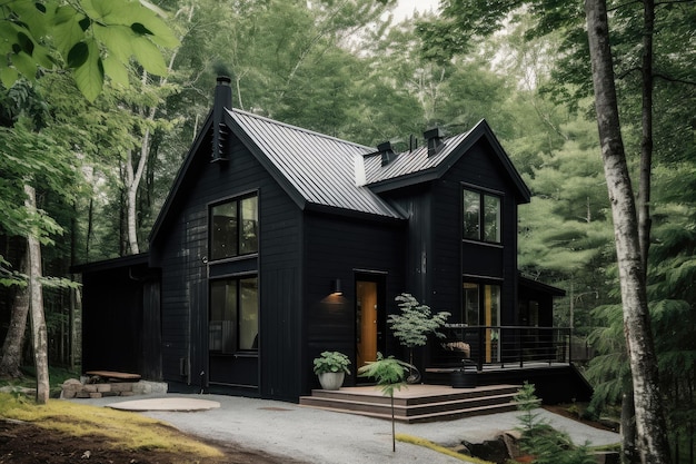 Log cabin house with bold black exterior paint surrounded by natural greenery