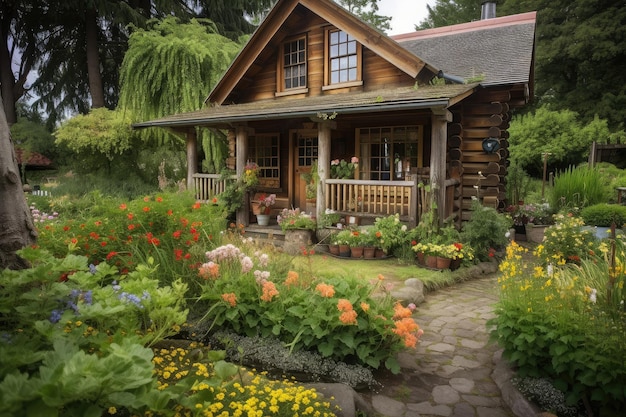 Log cabin house with lush garden and blooming plants