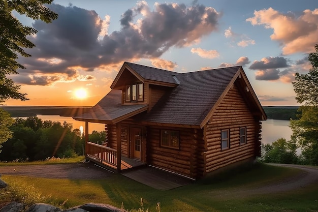 湖と夕日を望む丸太小屋の家