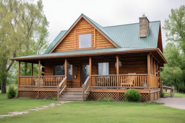 Log cabin house with wraparound porch and rocking chairs