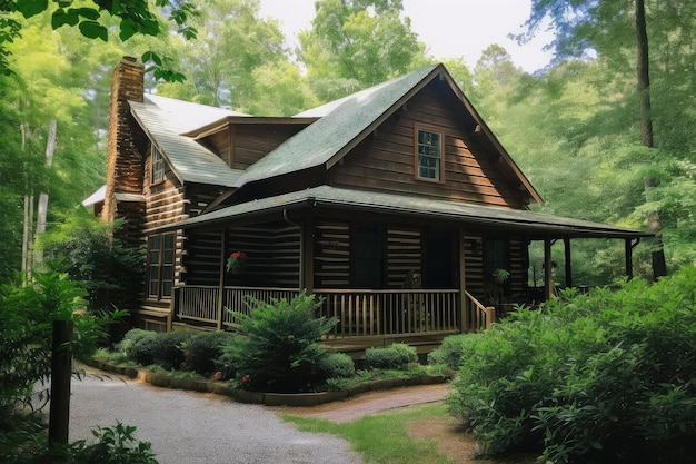 Log cabin house with wraparound porch surrounded by lush greenery