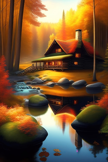 写真 小川のある森の中の丸太小屋 川のある秋の森の静かで居心地の良いロッジの家