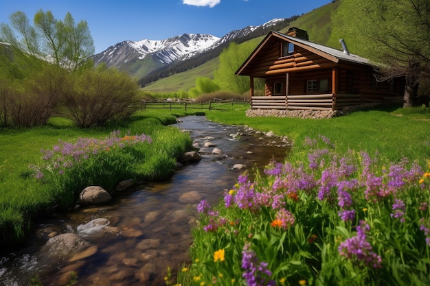 A log cabin in the mountains