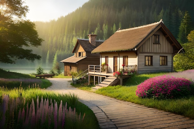 A log cabin in the mountains