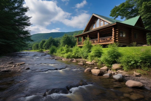 川辺の山の風景にある木造の小屋