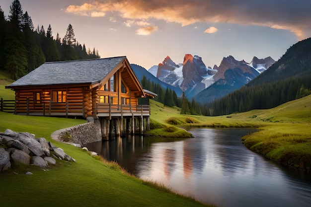 A log cabin sits on a lake in front of a mountain range.