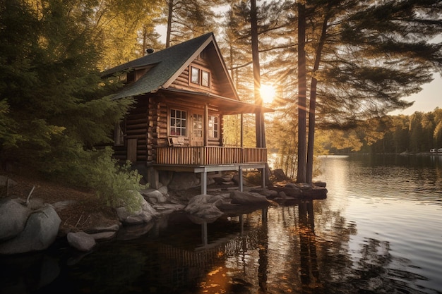 A log cabin sits on a lake in the woods.