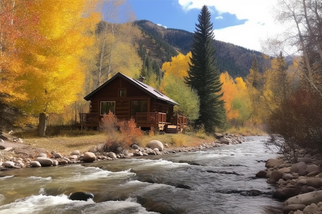 秋の色に染まる川の隣の森の中に丸太小屋が建っています。