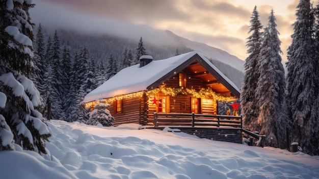 log cabin in the snow