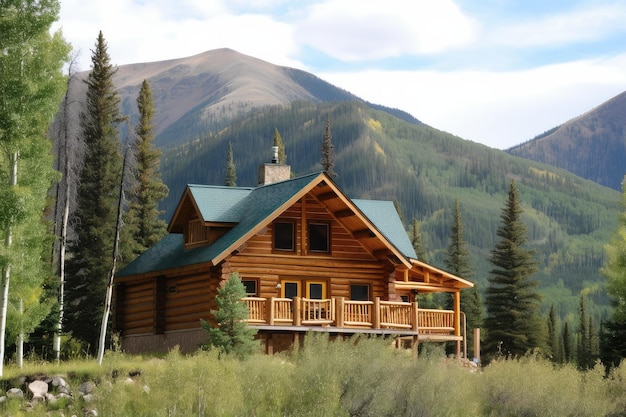 Log cabin surrounded by forest with towering trees and majestic mountains in the background