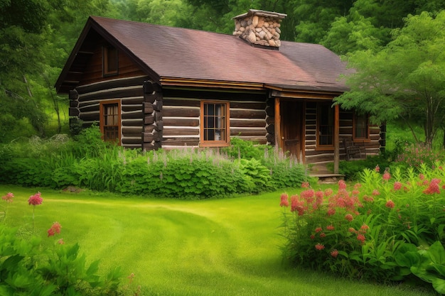 Log cabin surrounded by lush green foliage and natural landscape