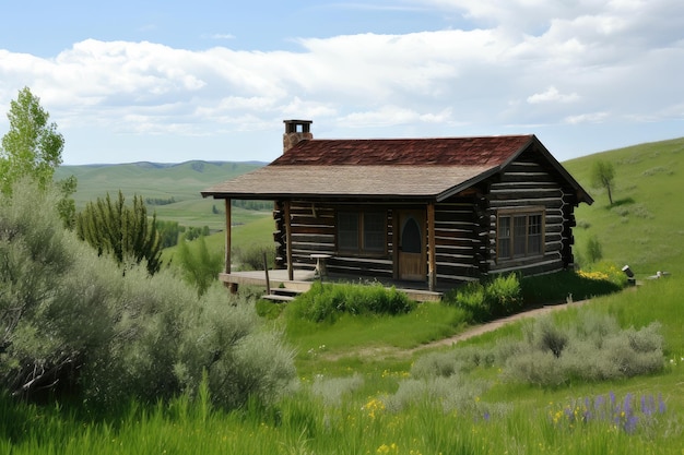 Log cabin surrounded by lush greenery with view of rolling hills