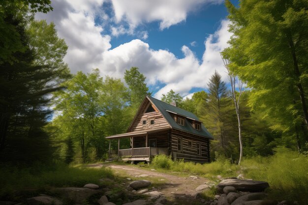 Log cabin surrounded by towering trees and blue sky