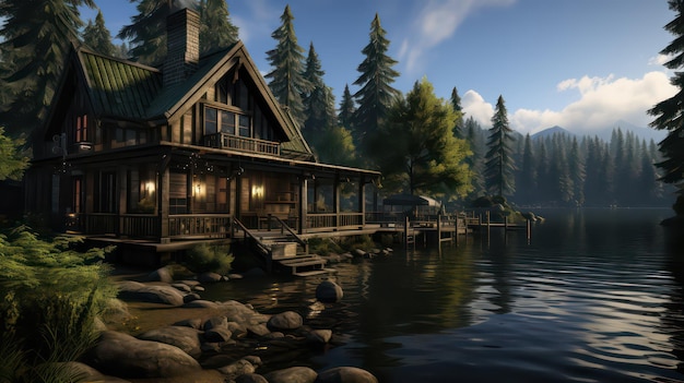 A log cabin on the water with a lake in the background.