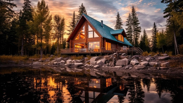 a log cabin on the water