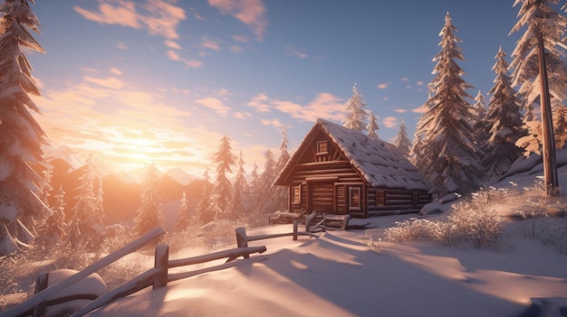 log cabin in the winter forest