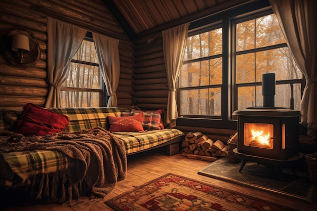 暖炉があり、床に毛布が敷かれている丸太小屋。
