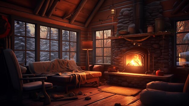 Premium AI Image  This log cabin living room is the epitome of cozy  relaxation with its woodsy decor warm fireplace Generated by AI