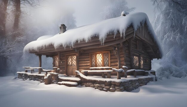 a log cabin with a log cabin in the snow