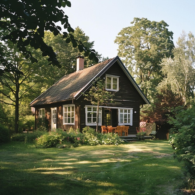 a log cabin with a log cabin in the woods