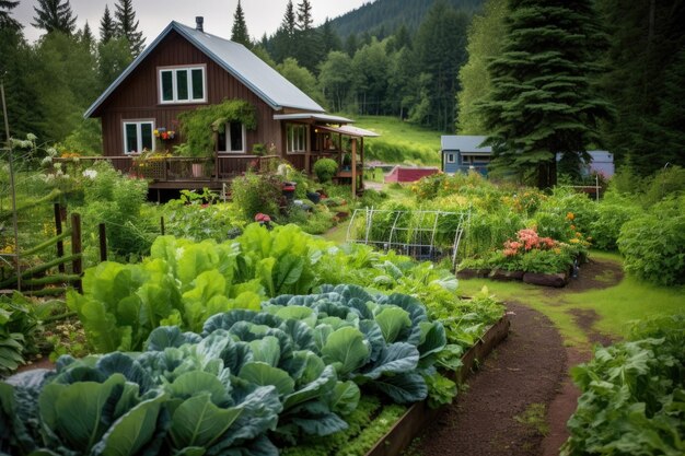 A log cabin with a lush vegetable garden in the foreground