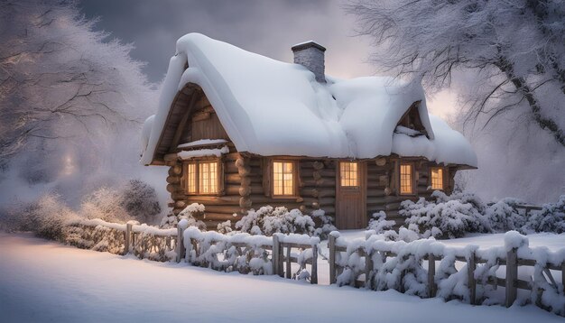 Photo a log cabin with snow on the roof and a light on the roof