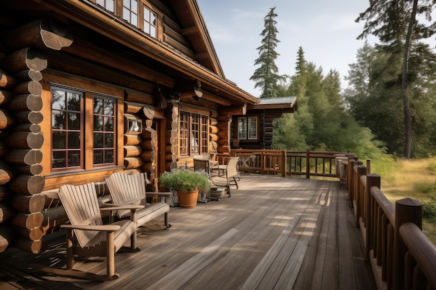 A log cabin with a wraparound porch and adirondack chairs on the deck