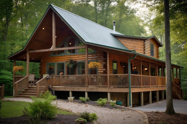 Log cabin with wraparound porch and hanging lanterns