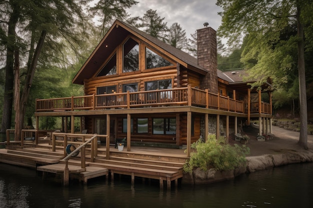 Log cabin with wraparound porch overlooking picturesque lake