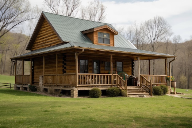 Log cabin with wraparound porch and rocking chairs on the front