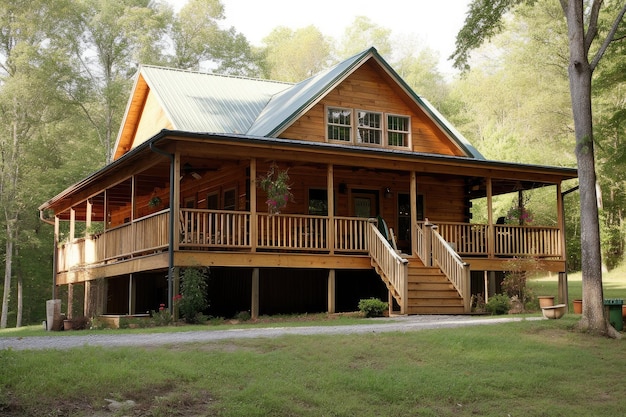 Log cabin with wraparound porch and rocking chairs outside