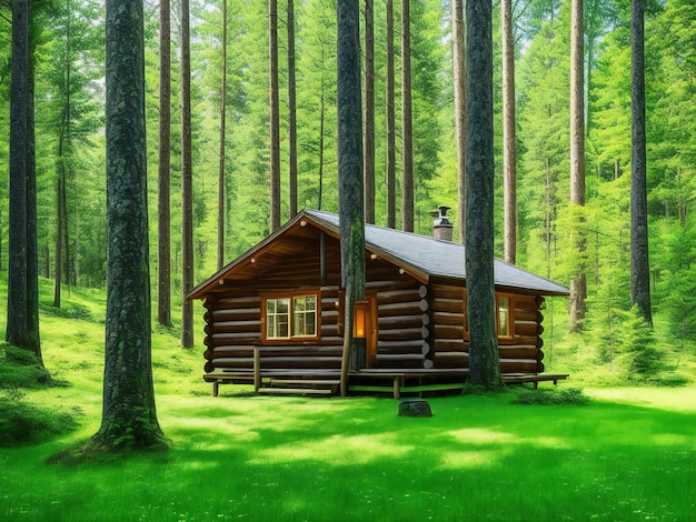 Деревянный домик в лесу с зеленым лесом на заднем плане