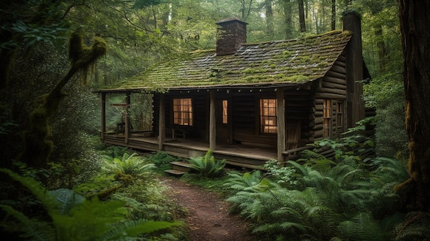 A log cabin in the woods with a green forest in the background.