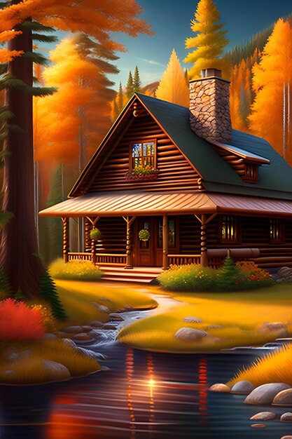 Log cabin in the woods with a stream serene cozy lodge home in autumn forest with river