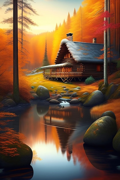 Log cabin in the woods with a stream Serene cozy lodge home in autumn forest with river