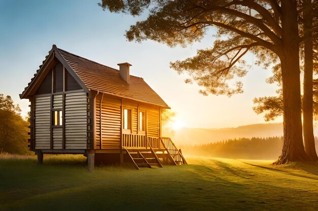 Premium Photo | A log cabin in the woods with a view of the sunset.
