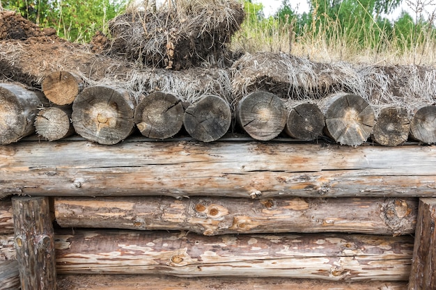 Log dugout met een dak van ronde stammen bedekt met turf close-up Rustieke architectuur en levensstijl