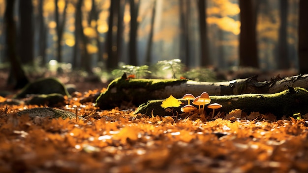 A log in the forest with mushrooms and moss on the ground