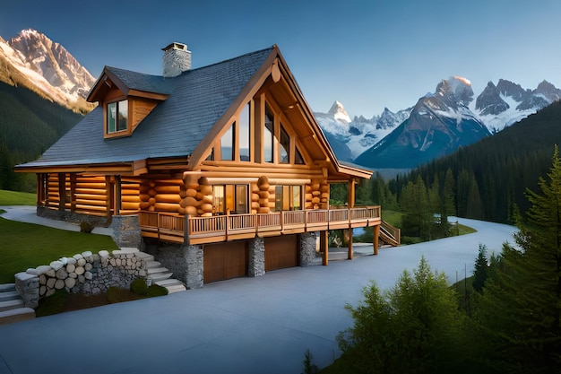 A log home with a mountain view in the background