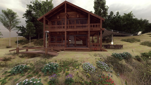 Log house front elevation with wild flower foreground 3d illustration