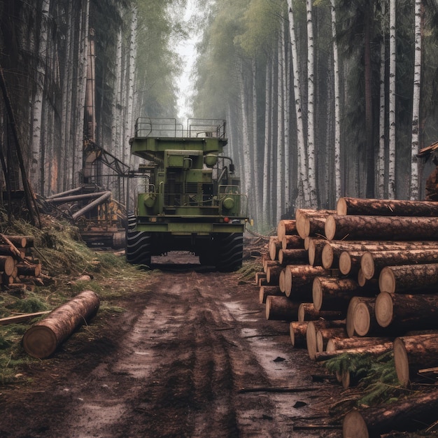 Log spruce stammen stapel Gezaagde bomen uit het bos houtkap houtindustrie Generatieve Ai