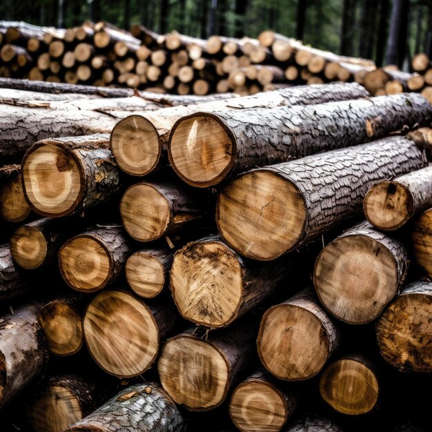 Log spruce stammen stapel Gezaagde bomen uit het bos houtkap houtindustrie Generatieve Ai