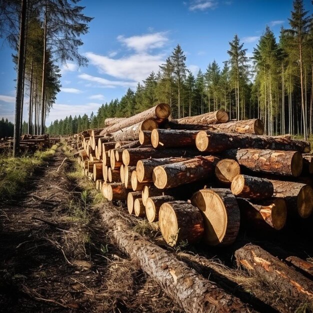 Foto tronchi di abete pile alberi segati dal bosco abbattimento del legname industria del legno tagliati alberi lungo un