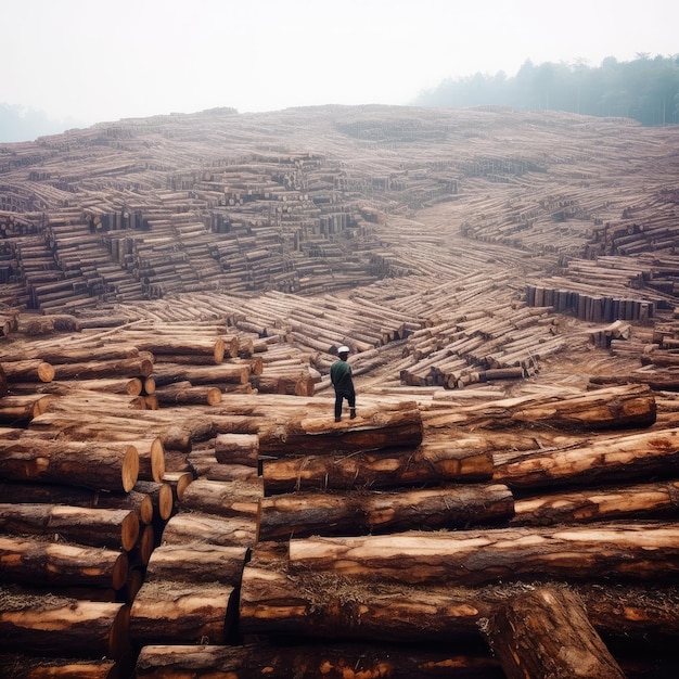 丸太トウヒの幹の山 森林からの製材された木 伐採木材 木材産業 生成 AI