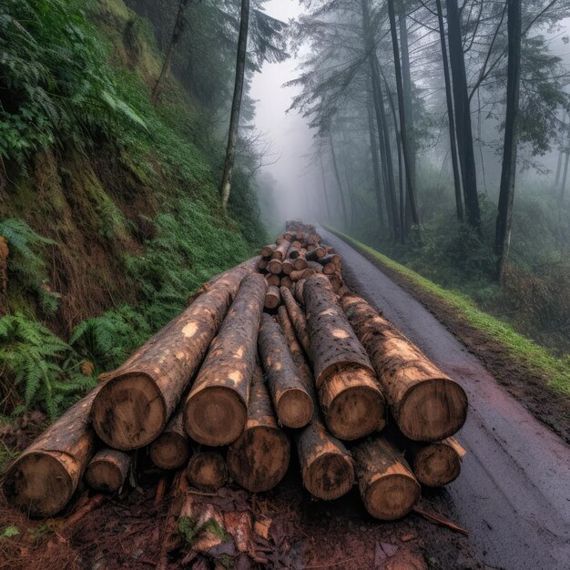 Log spruce trunks pile Sawn trees from the forest Logging timber wood industry generative ai