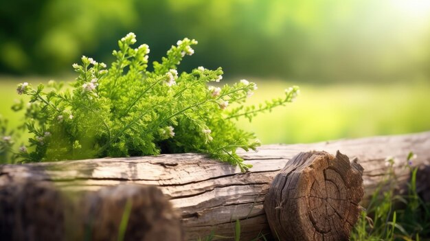 植物が生えた丸太