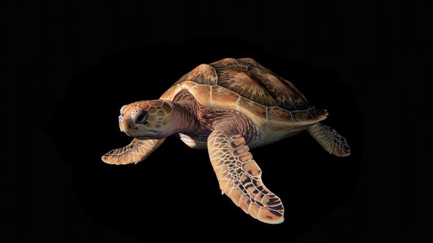 Photo loggerhead turtle in the solid black background