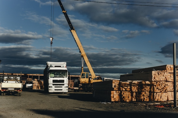 Logging company. Pile of pine boards ready for sale.