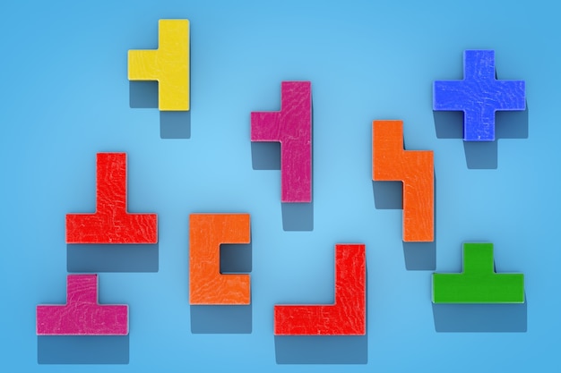 Logical Thinking Concept. Different Colorful Shapes Wooden Blocks on a blue background. 3d Rendering